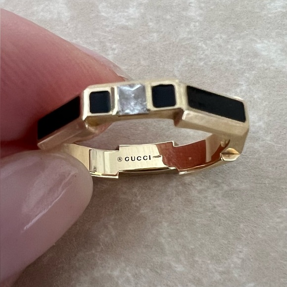 GUCCI 18K Yellow Gold Diamond Enamel Link to Love Ring size 10 Black - Picture 6 of 7